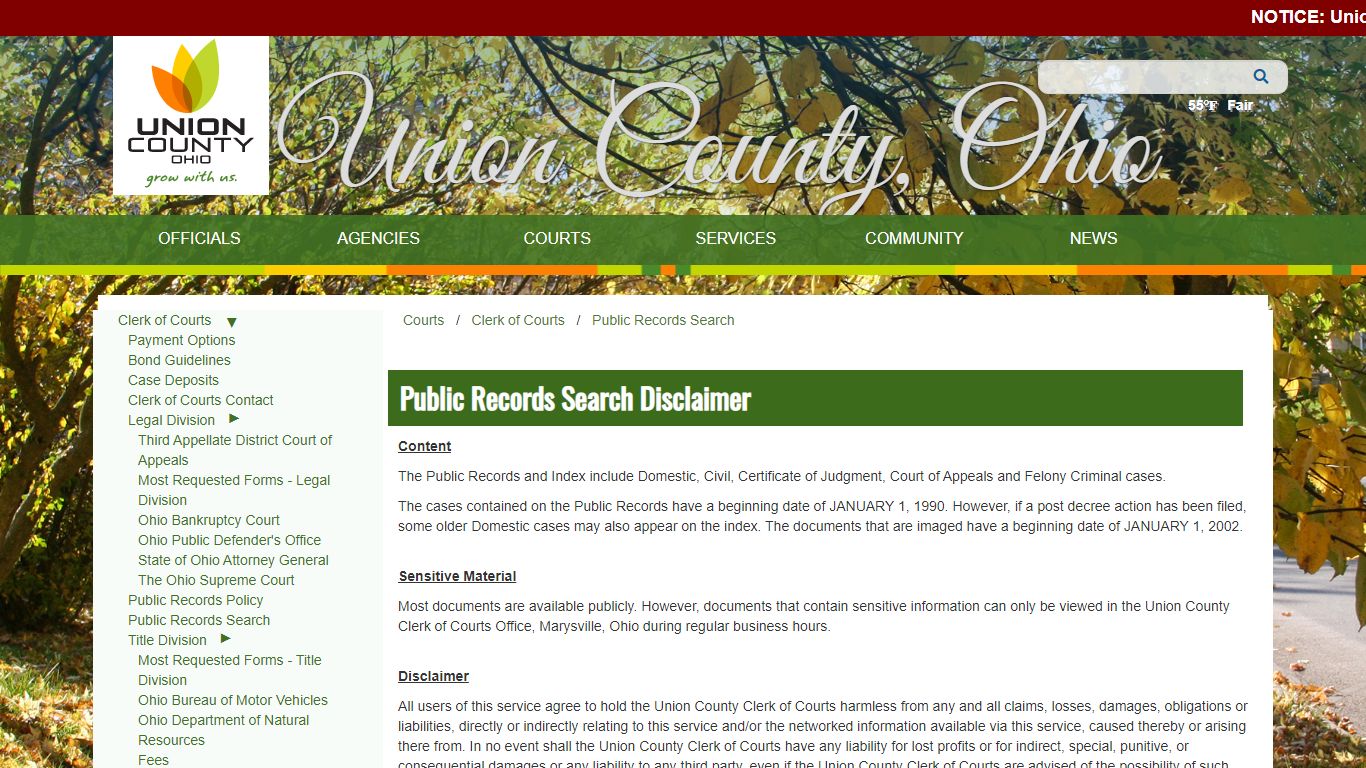 Public Records Search Disclaimer - Union County, Ohio